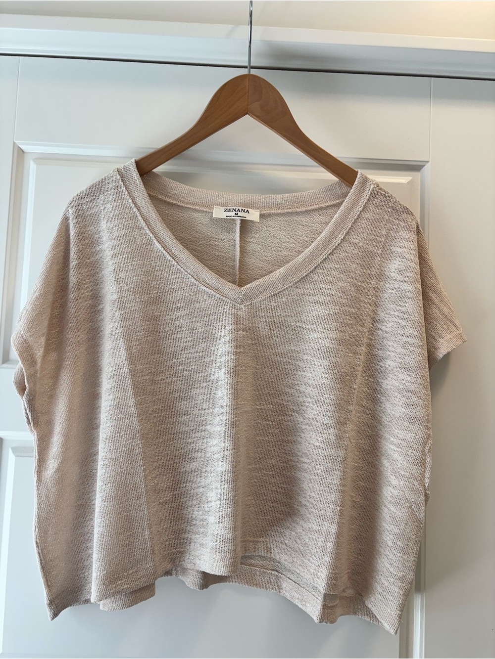 Zenana Outfitters Cream V-Neck Boxy Short Sleeve Knit Top